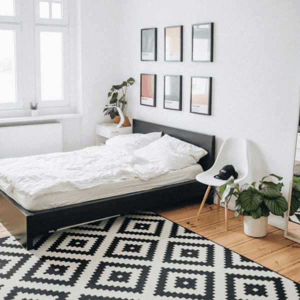 Modern Black Platform Bed Frame with White Mattress – Low Profile, Minimalist Design, Wooden Slats – Full/Queen Size Bedroom Furniture